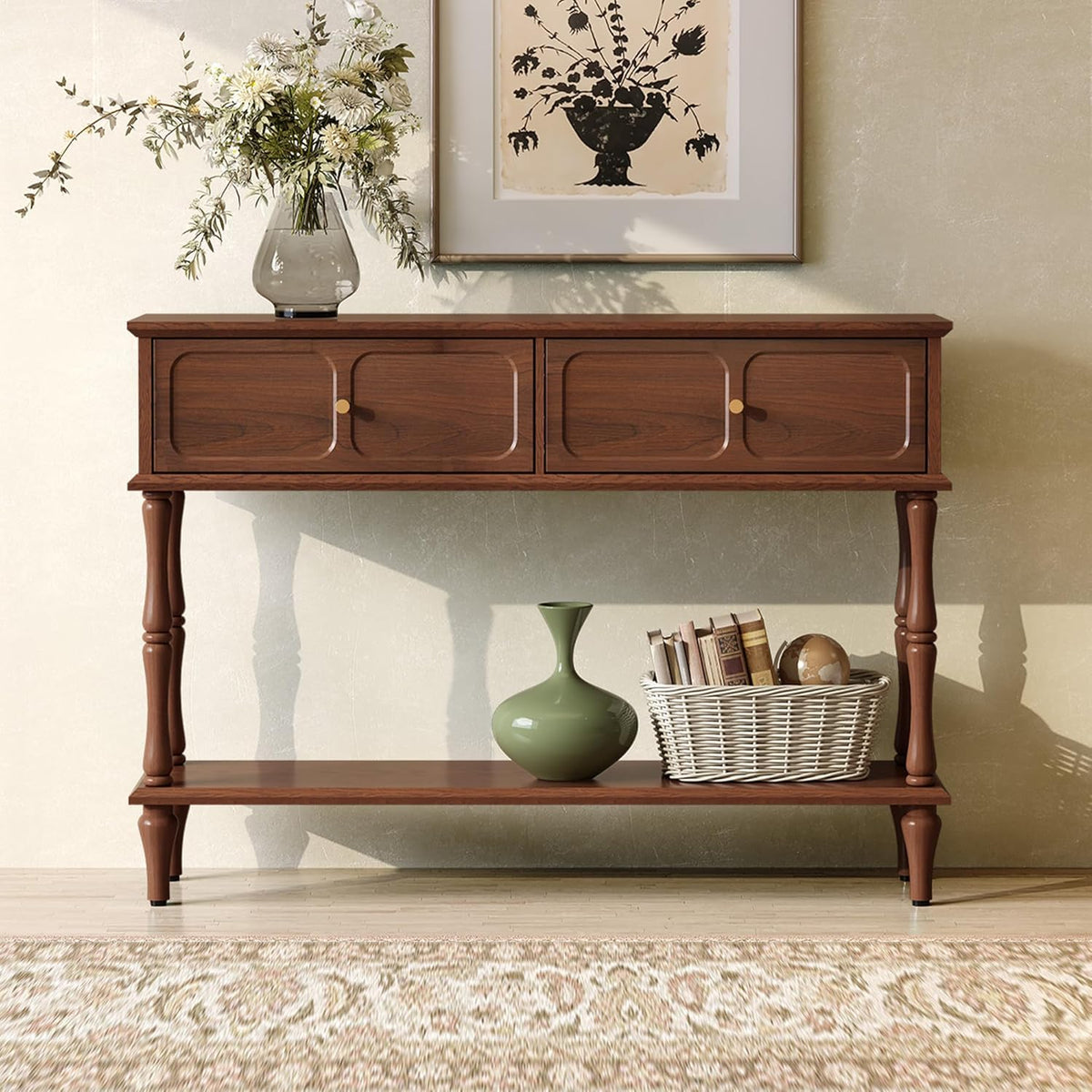 ARTPOWER Console Table with Drawers for Entryway, Mid-Century Entryway Table with Storage, Brown Narrow Entryway Table with Open Shelf Behind Sofa for Living Room, Foyer, Hallway