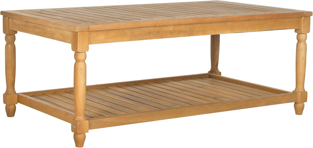 SAFAVIEH Outdoor - Oakley Natural Solid Acacia Wood Coffee Table, Coastal Slatted Patio Coffee Table with Lower Shelf, 43.3" W x 23.6" D x 16.5" H (PAT6726A)