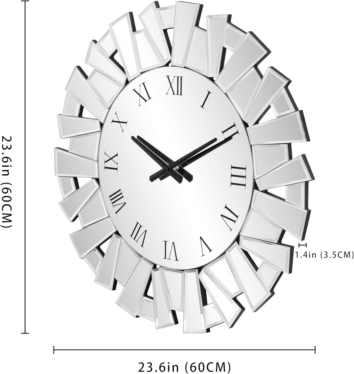 SHYFOY Silver Wall Clock – 23.62" Large Modern Mirror Clock with Roman Numerals, Luxury Art Wall Deco for Living Room, Bedroom and Dining Room