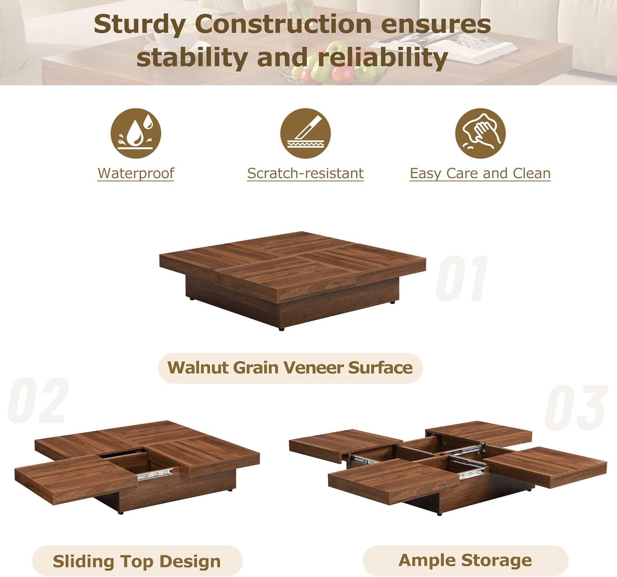 Merax 39.4'' Square Coffee Table, Sliding Top with Ample Storage, Walnut Grain Veneer Finish Modern Center Tables for Living Room Apartment, Walnut