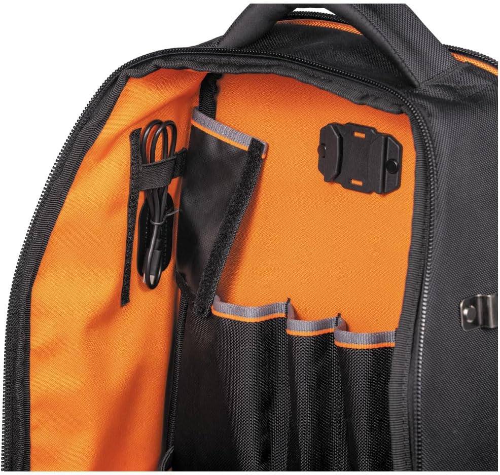 Klein Tools 62805BPTECH 28-Pocket Laptop Backpack Tool Bag, Tradesman Pro Extra-Large Tech Tool Backpack with Molded Bottom, Charging Port