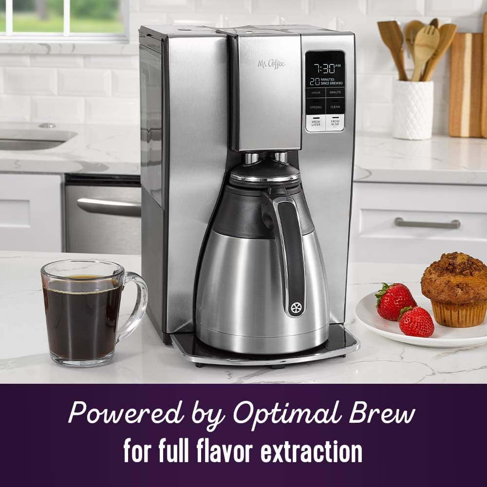 Mr. Coffee 10-Cup Programmable Coffee Maker, Insulated Thermal Carafe, Brew Strength Selection, Brew Now or Later, Stainless Steel