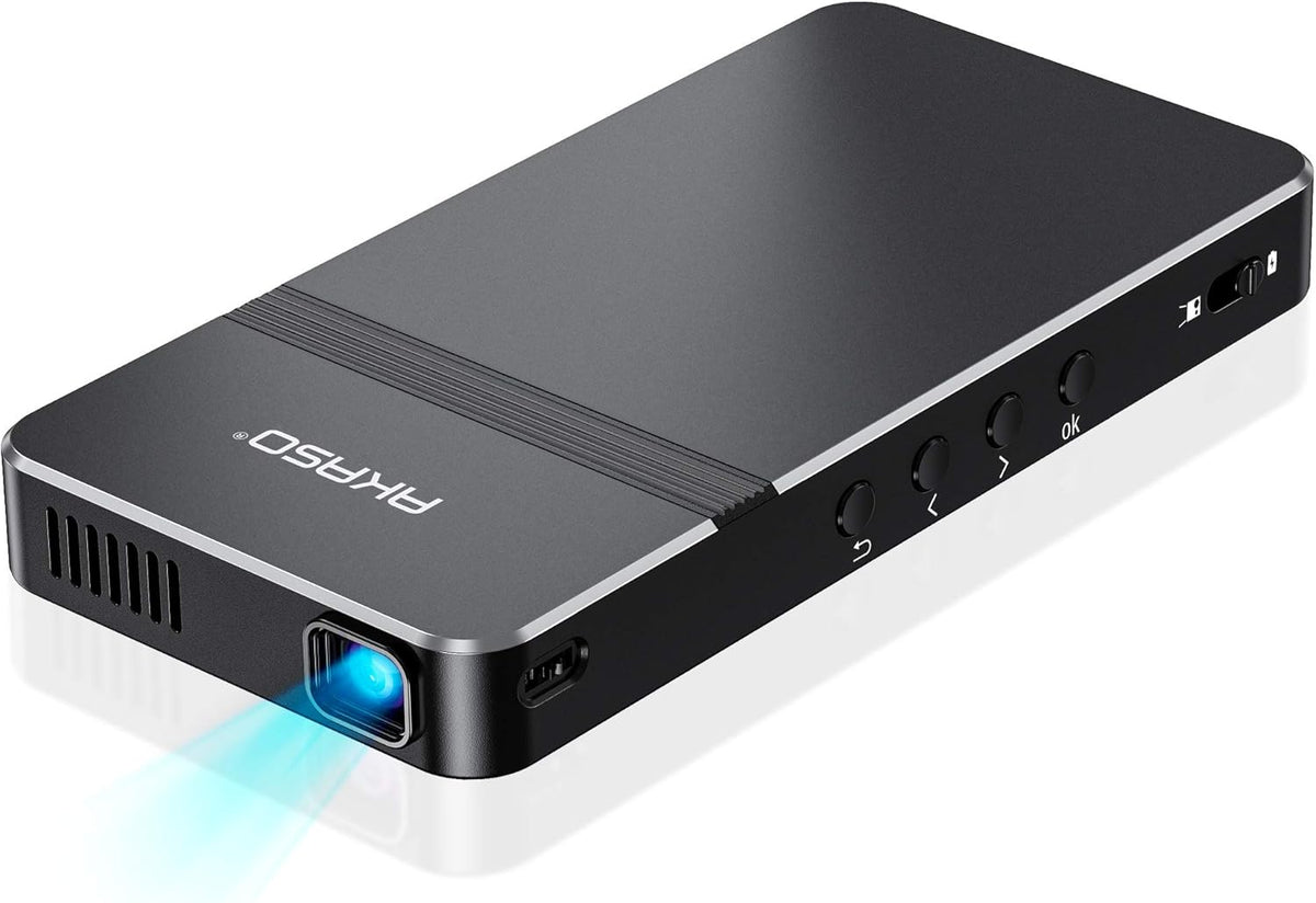 AKASO Mini Projector, Pocket-Sized DLP Portable Projector, 1080P Cookie Projector , Support HDMI WiFi Built-in Rechargeable Battery Stereo Speakers and Remote Control Movie Projector - Updated Type-C
