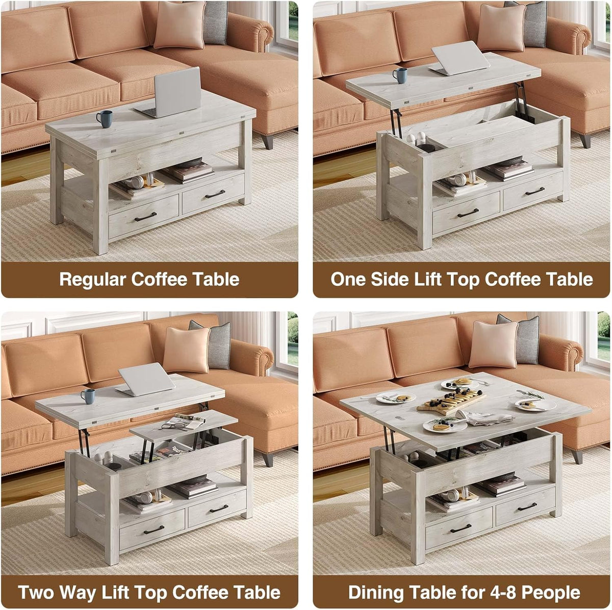Rolanstar Coffee Table Lift Top, Multi-Function Convertible Coffee Table with Drawers and Hidden Compartment, Converts to Dining Table for Living Room, Home Office,Grey