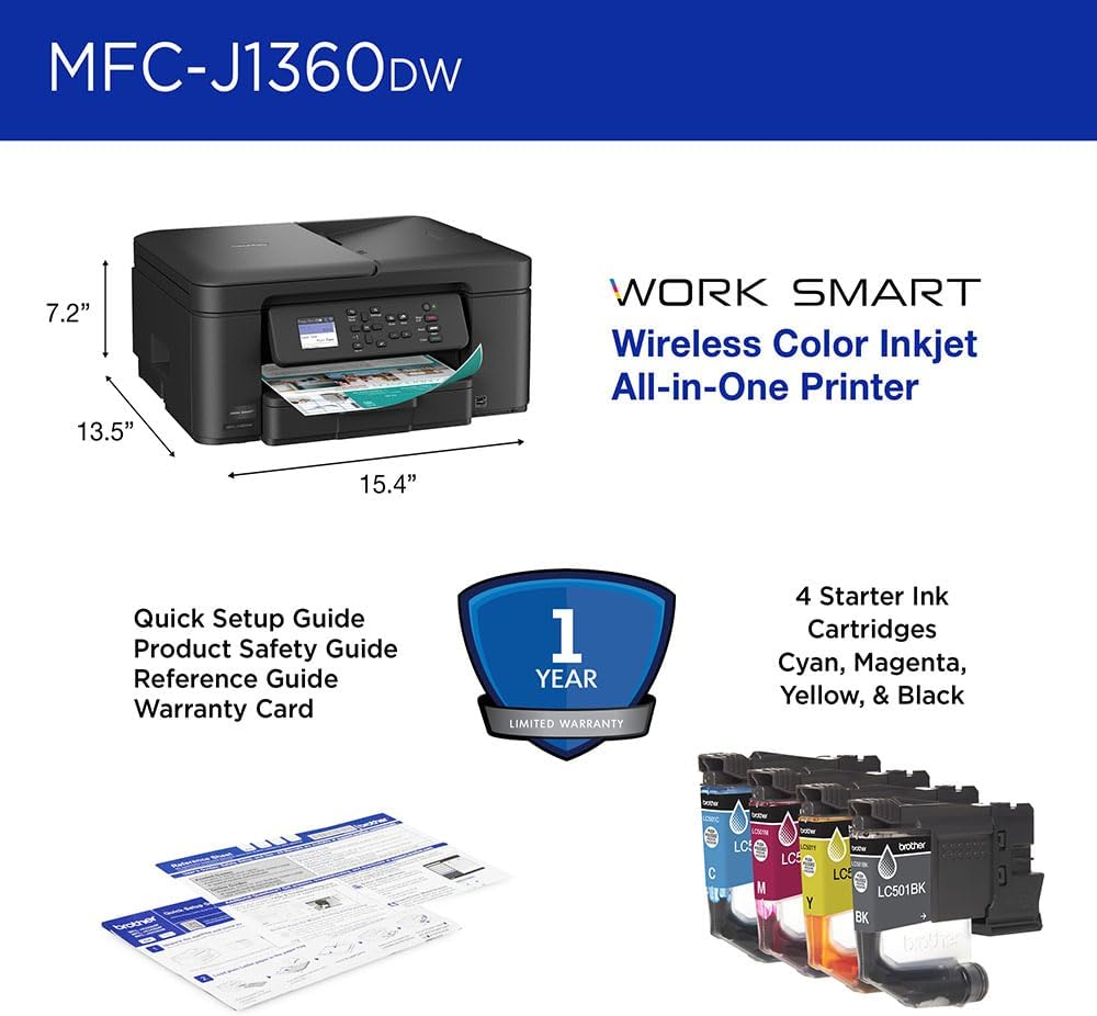 Brother Work Smart 1360 Wireless Color Inkjet All-in-One Printer Bundle with 26‑Month Protection Plan, Printer Essentials Digital Download, 6FT HDMI 2.0 Cable & 6FT USB Type‑A to Type‑B Cable