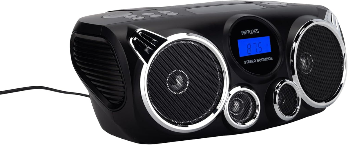 RIPTUNES Portable CD Player Bluetooth Stereo Sound, Digital AM FM Radio, MP3 CD Boombox USB SD Playback with Enhanced Bass, Aux in, Headphone Jack, CD-R/CD-RW Compatible, LCD Backlit Display, Black