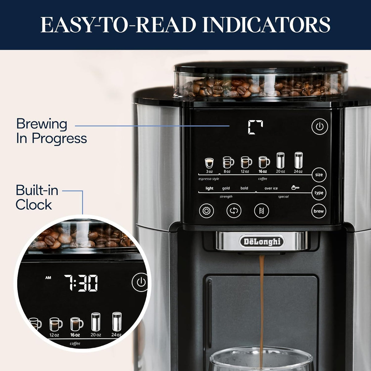 De'Longhi True Brew Drip Coffee Maker, Built in Grinder, Single Serve, 8 oz to 24 oz, Hot or Iced Coffee, Stainless, CAM51025MB (Renewed)