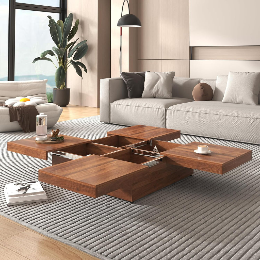 Merax 39.4'' Square Coffee Table, Sliding Top with Ample Storage, Walnut Grain Veneer Finish Modern Center Tables for Living Room Apartment, Walnut