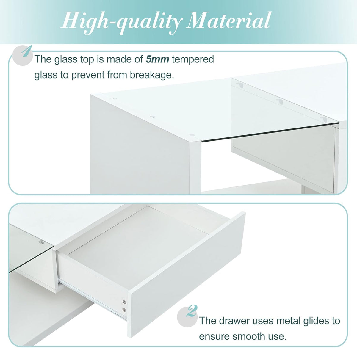 Modern Coffee Table with Tempered Glass, Wooden Cocktail Table with High-Gloss UV Surface, Modernist 2-Tier Rectangle Center Table for Living Room, White