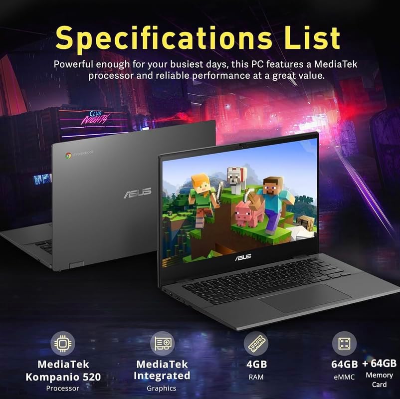 ASUS Chromebook Laptop 2024 Newest, 14" FHD Display, 8-Core MediaTek Kompanio 520 Processor, 4GB RAM, 128GB Storage (64GB eMMC+64GB Card), Webcam, WiFi 6, Long Battery,Chrome OS w/MarxsolAccessory