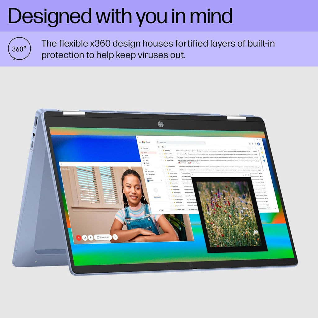 HP Chromebook x360 14b 2-in-1 Touchscreen Laptop (14" HD, 4GB RAM, Intel N200, 192GB Storage (128GB SSD+64GB SD Card)) for Home, Students, HD Webcam, Wi-Fi 6, Long Battery Life, Chrome OS, Sky Blue