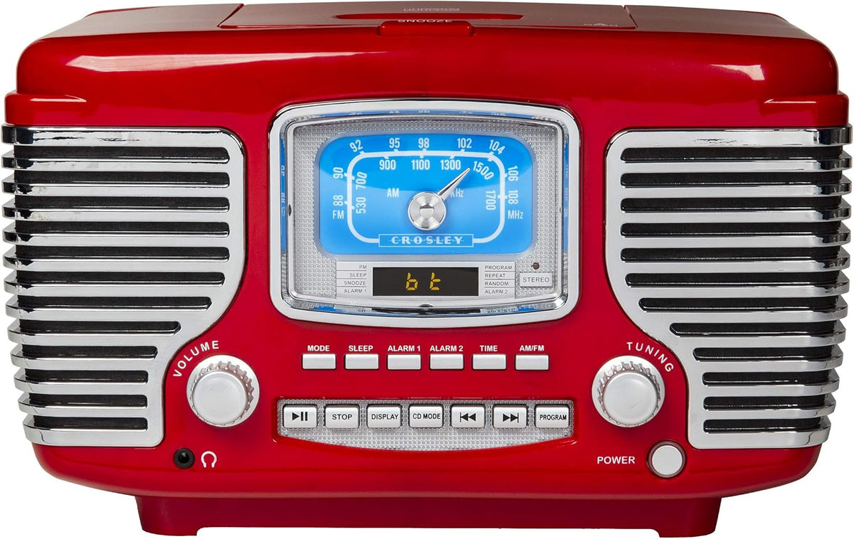 Crosley CR612B-RE Corsair Retro AM/FM Alarm Clock Radio and CD Player with Stereo Bluetooth Speakers, Red