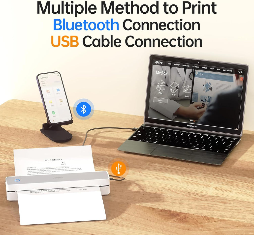 HPRT Portable Printer Wireless for Travel, Bluethooth Inkless Thermal Printer Support for 8.5"x11" US Letter, Compatible with iOS, Android, Laptop for Office and Home, White-Grey