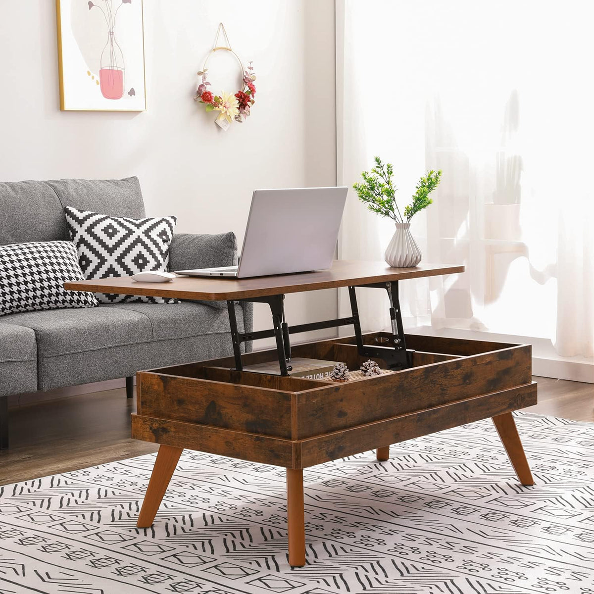 Lift Top Coffee Table, Easy-to-Assembly Center Table with Hidden Storage Compartment, Industrial Lift Tabletop Dining Table for Living Room Reception/Home Office, Rustic Brown