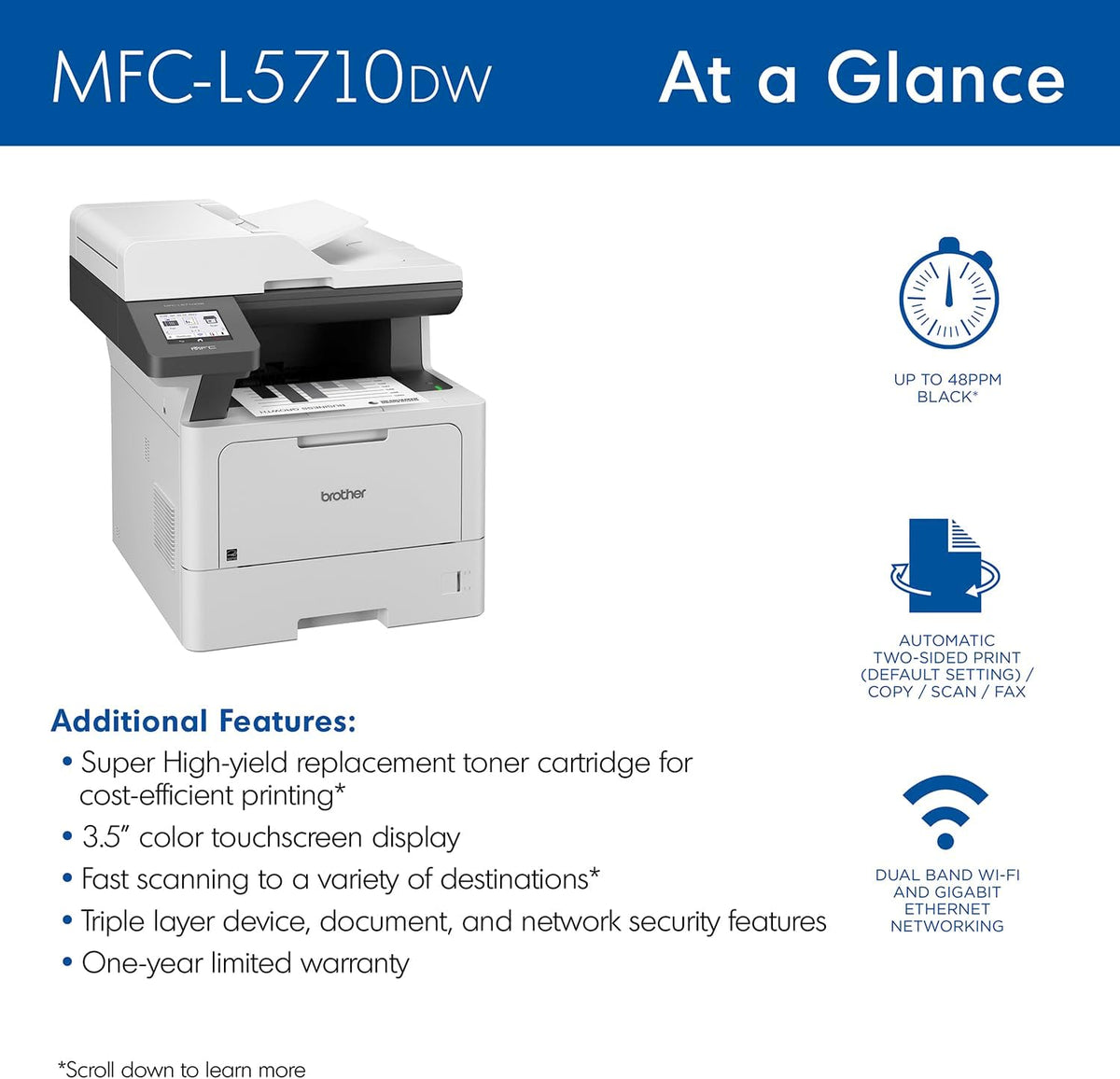 Brother MFC-L5710DW Business Monochrome Laser All-in-One Printer with Wireless Networking and Duplex Print, Scan, and Copy, Works with Alexa
