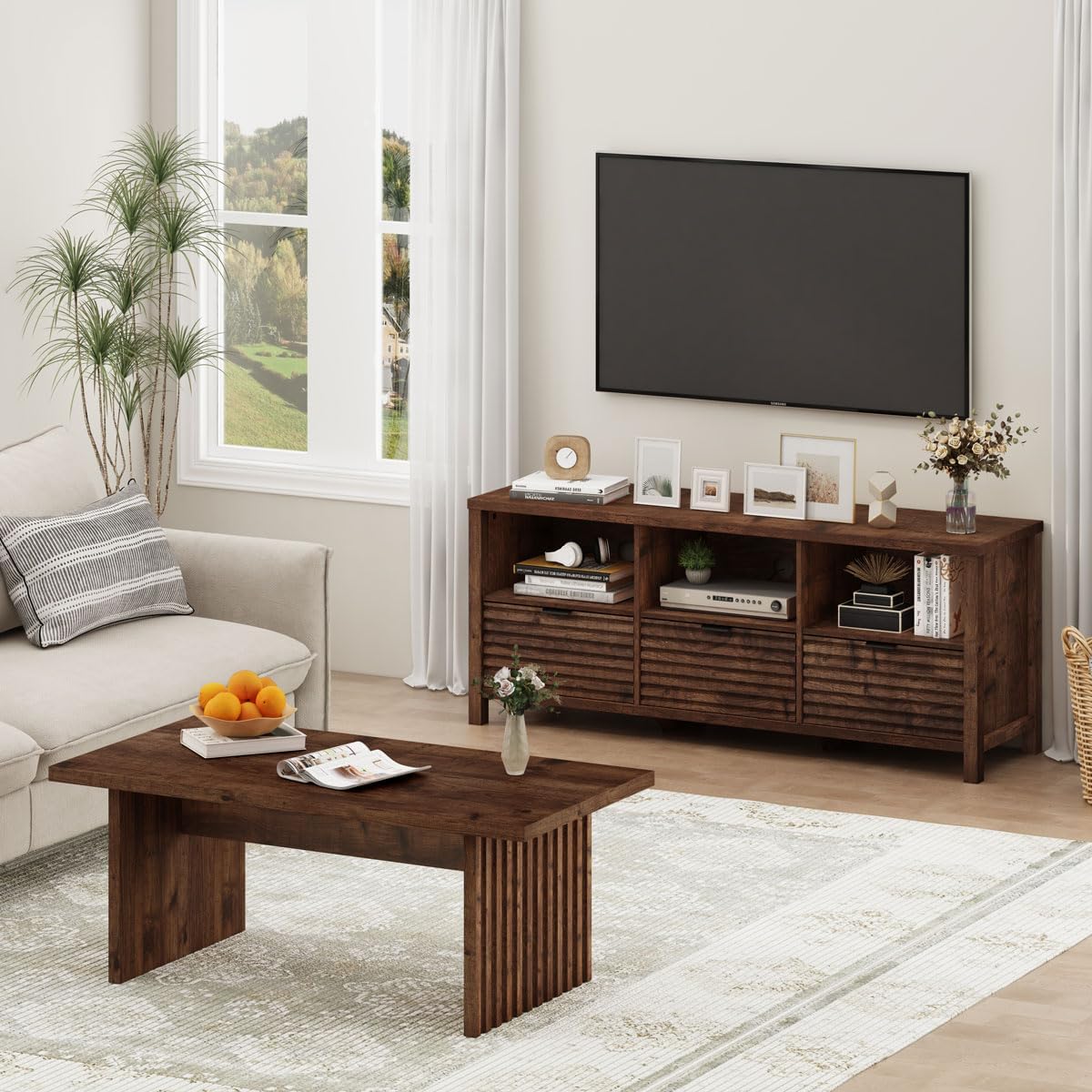 BON AUGURE Coffee Table for Living Room, Farmhouse Wood Center Table, Rectangle Mid-Century Living Room Tables, Unique Fluted Panel Coffee Tables (Rustic Oak, 43Inch)