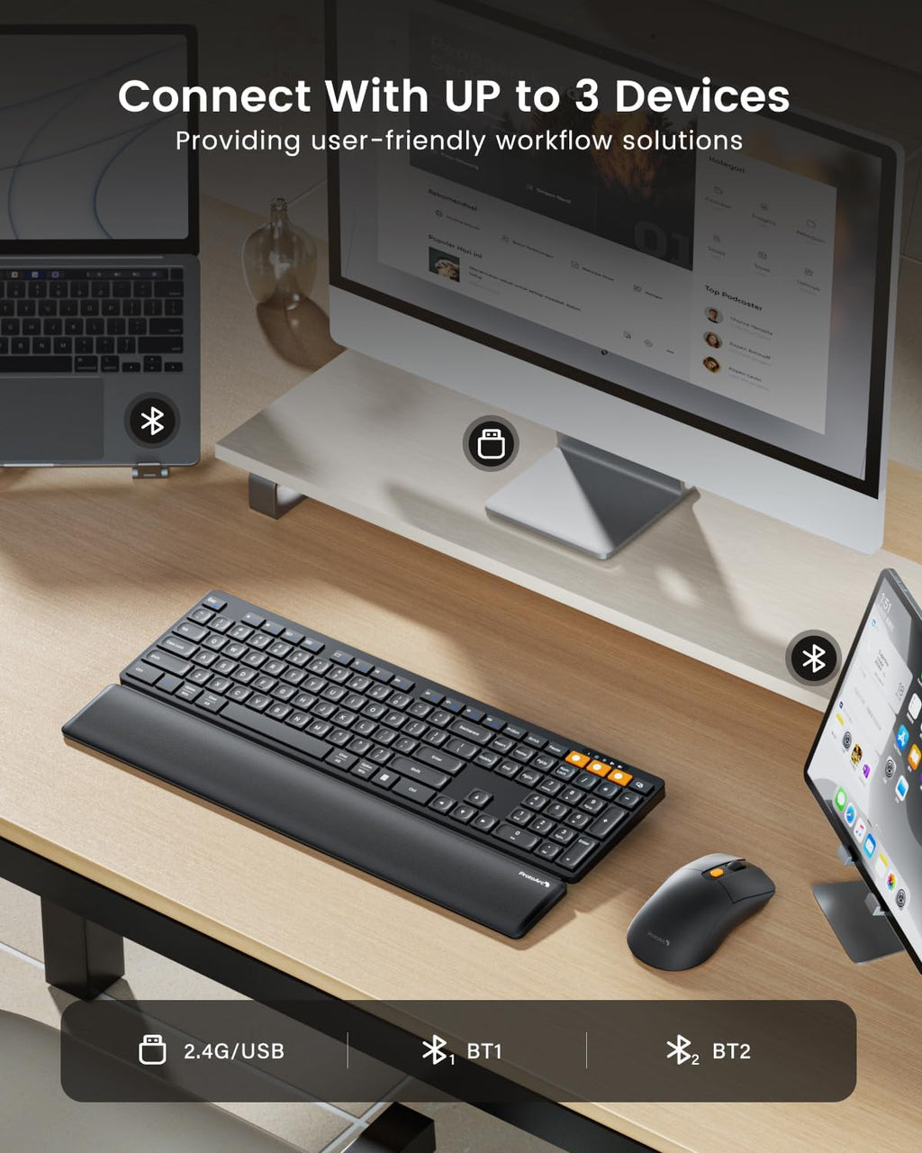 ProtoArc Wireless Bluetooth Keyboard and Mouse Combo, KM60 Multi Device Rechargeable Ergonomic Full Size Keyboard Mouse with Wrist Rest Sleek Design for Laptop, Computer, Mac, MacBook, Windows, Black