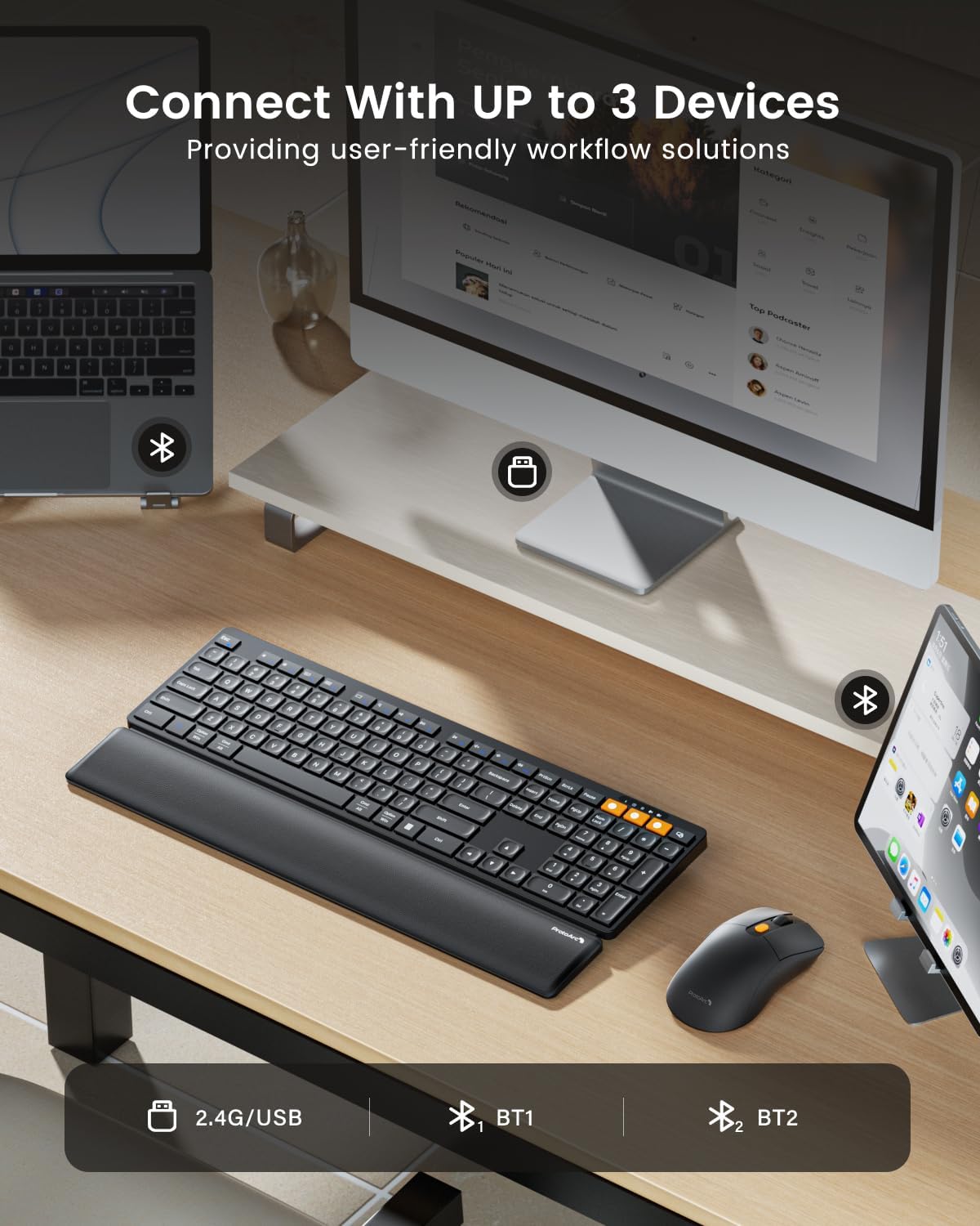 ProtoArc Wireless Bluetooth Keyboard and Mouse Combo, KM60 Multi Device Rechargeable Ergonomic Full Size Keyboard Mouse with Wrist Rest Sleek Design for Laptop, Computer, Mac, MacBook, Windows, Black