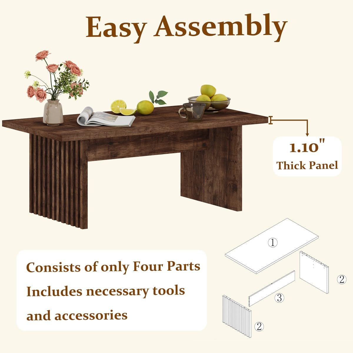 BON AUGURE Coffee Table for Living Room, Farmhouse Wood Center Table, Rectangle Mid-Century Living Room Tables, Unique Fluted Panel Coffee Tables (Rustic Oak, 43Inch)