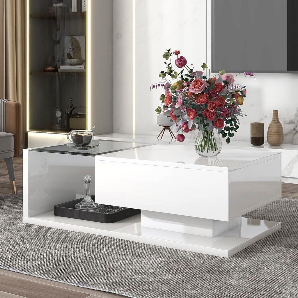 Modern Coffee Table with Tempered Glass, Wooden Cocktail Table with High-Gloss UV Surface, Modernist 2-Tier Rectangle Center Table for Living Room, White