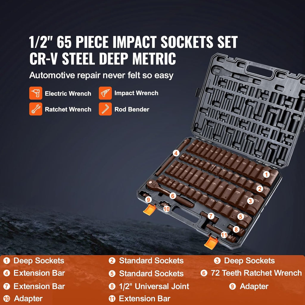 VEVOR 1/2" Drive Impact Socket Set, 65 Piece SAE 3/8" to 1-1/4" and Metric 10-24mm, 6 Point Cr-V Alloy Steel for Auto Repair, Easy-to-Read Size Markings, Rugged Construction, Storage Case