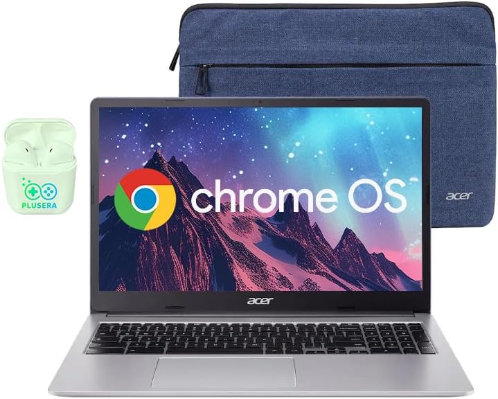Acer 15.6” FHD Chromebook Laptop, 4GB RAM 576GB Storage (64GB eMMC+512GB SD Card), Dual-Core Intel Celeron Processor, Chrome OS, WiFi-6, USB-Type C, Long Battery Life, PLUSERA Earphones, Silver