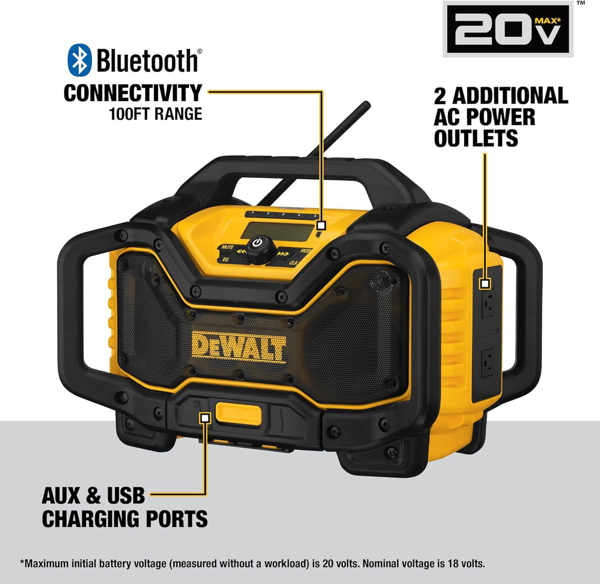 DEWALT 20V MAX Bluetooth Radio, 100 ft Range, Portable for Jobsites (DCR025)