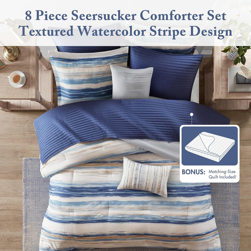 Madison Park Marina Comforter Quilt Combo Set - Modern Luxury Design, All Season Down Alternative Bedding, Matching Shams, Decorative Pillows, King/Cal King(104"x92") Seersucker Blue 8 Piece