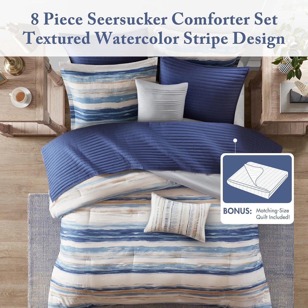 Madison Park Marina Comforter Quilt Combo Set - Modern Luxury Design, All Season Down Alternative Bedding, Matching Shams, Decorative Pillows, King/Cal King(104"x92") Seersucker Blue 8 Piece