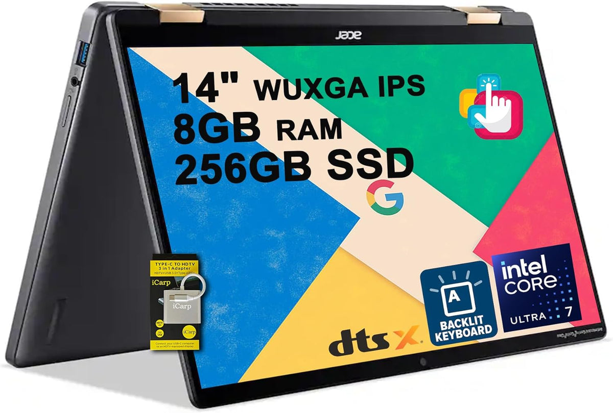 Acer Chromebook Plus Spin 714 2-in-1 Laptop 14" WUXGA IPS Touchscreen (100% sRGB) Intel 8-core Ultra 5 115U 8GB RAM 256GB SSD Backlit Type-c Long-Lasting Battery ICP Hub w/Google AI