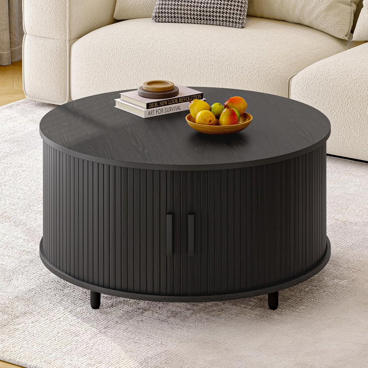 ONBRILL Round Coffee Table with Storage, 31.5" Modern Coffee Table with 360° Curved Sliding Door, Fluted Wood Accent Coffee Table with Adjustable Footpads, Round Center Table for Living Room, Black