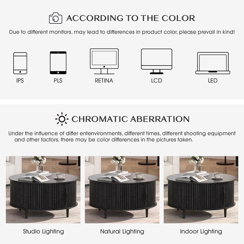 SULIVES Black Round Coffee Table with Storage, 31.5" Wood Drum Table, Fluted Circle Center Table for Living Room, Modern Mid Century Furniture with Sliding Door