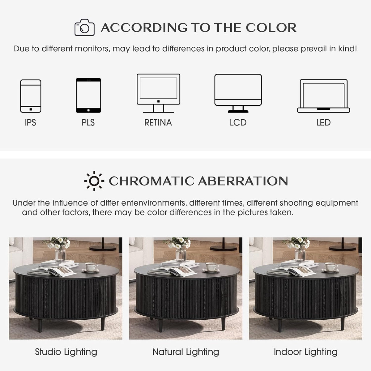 SULIVES Black Round Coffee Table with Storage, 31.5" Wood Drum Table, Fluted Circle Center Table for Living Room, Modern Mid Century Furniture with Sliding Door