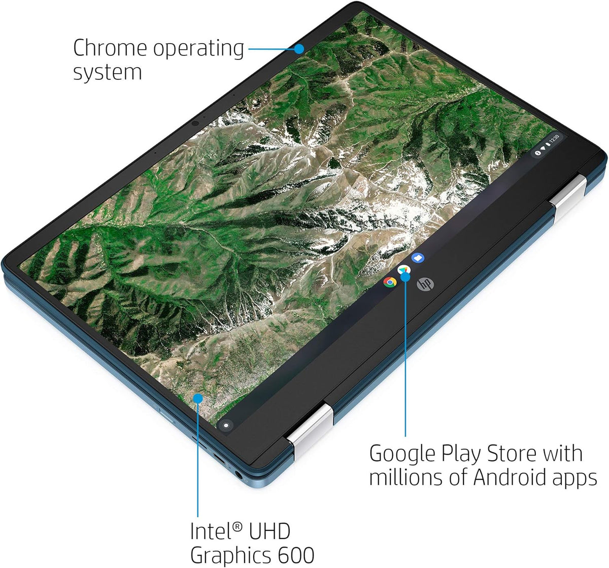 Laptop HP X360 14a Chromebook 14" HD Touchscreen, Entertaining from Any Angle Intel Celeron, 4GB LPDDR4 64GB eMMC WiFi Webcam Stereo Speakers Bluetooth 4.2 Chrome Blue Metallic Color (Renewed)