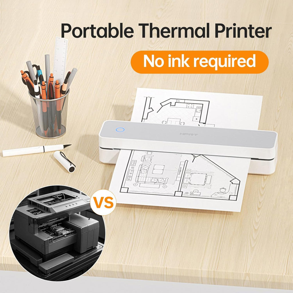 HPRT Portable Printer Wireless for Travel, Bluethooth Inkless Thermal Printer Support for 8.5"x11" US Letter, Compatible with iOS, Android, Laptop for Office and Home, White-Grey
