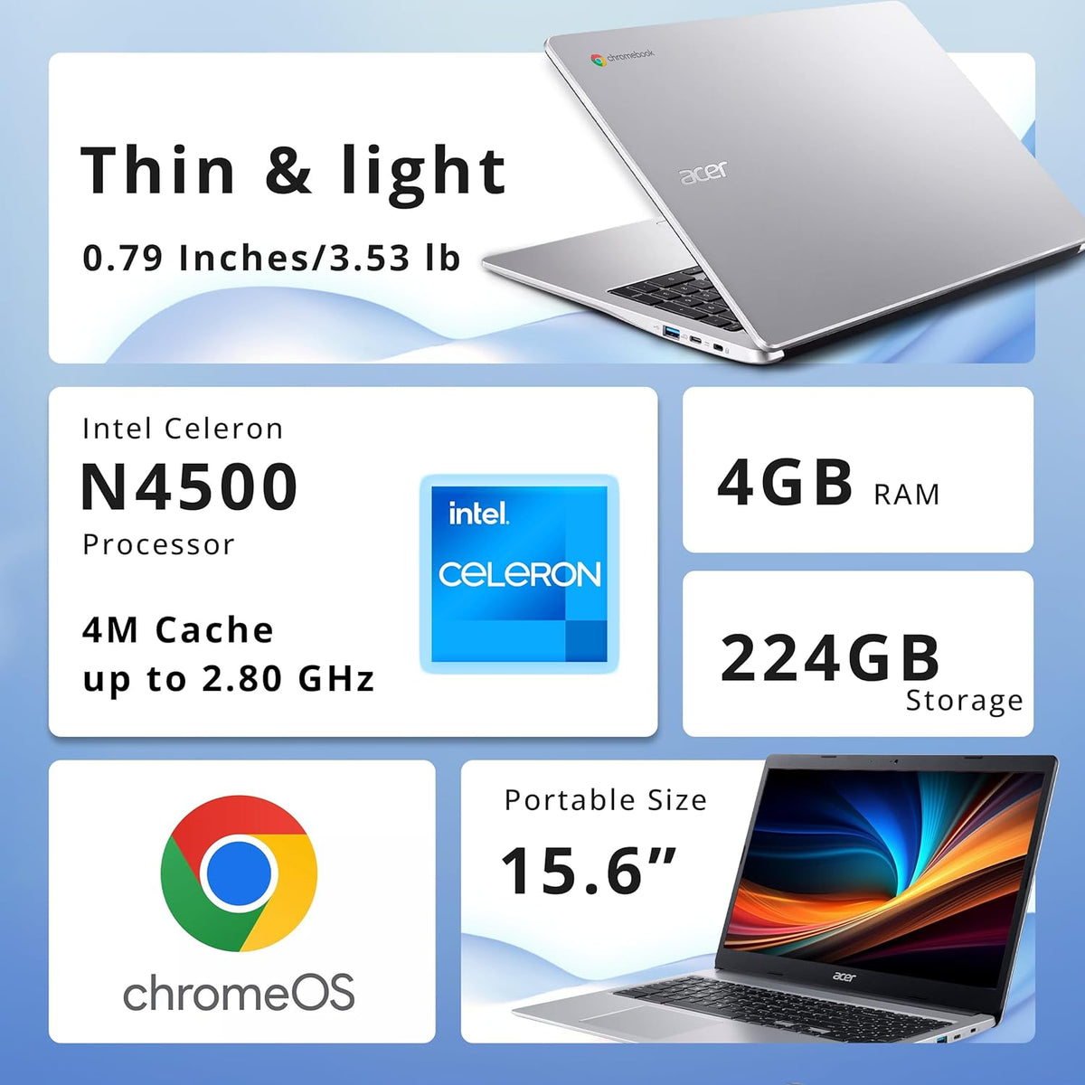 Acer Chromebook 315 15.6" FHD Laptop, 4GB LPDDR4 RAM, 224GB Storage(64GB eMMC & 160GB Docking Station Set), Intel Celeron N4500, Intel UHD Graphics, Numeric Keypad, HD Webcam, Silver, Chrome OS