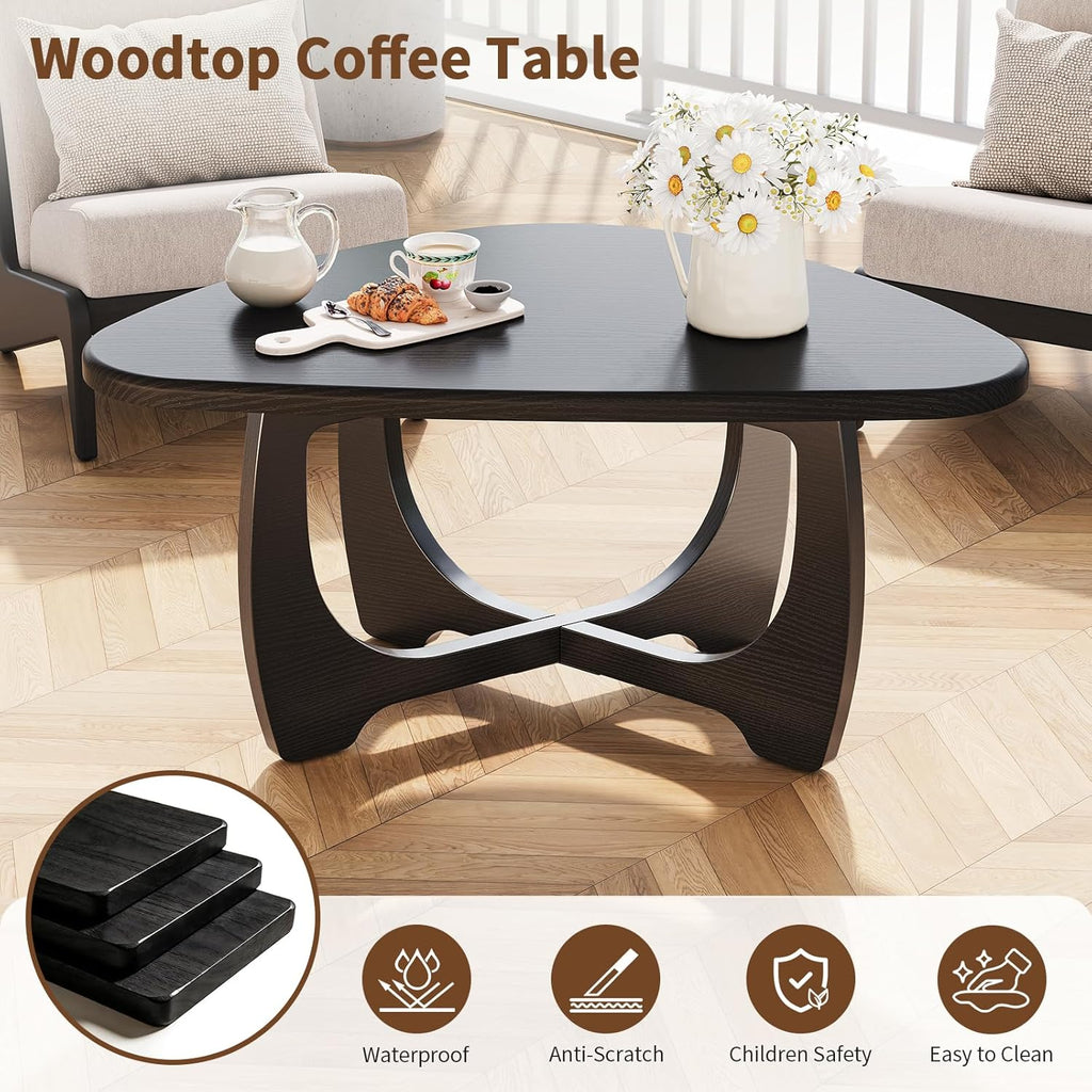 Coffee Table for Living Room - Mid Century Modern Coffee Tables with Triangle Top, Unique Small Round Coffee Table, Wood Oval Tea Table with Solid Legs for Bedroom, 35.8"x 22.5" x 16.2" Black