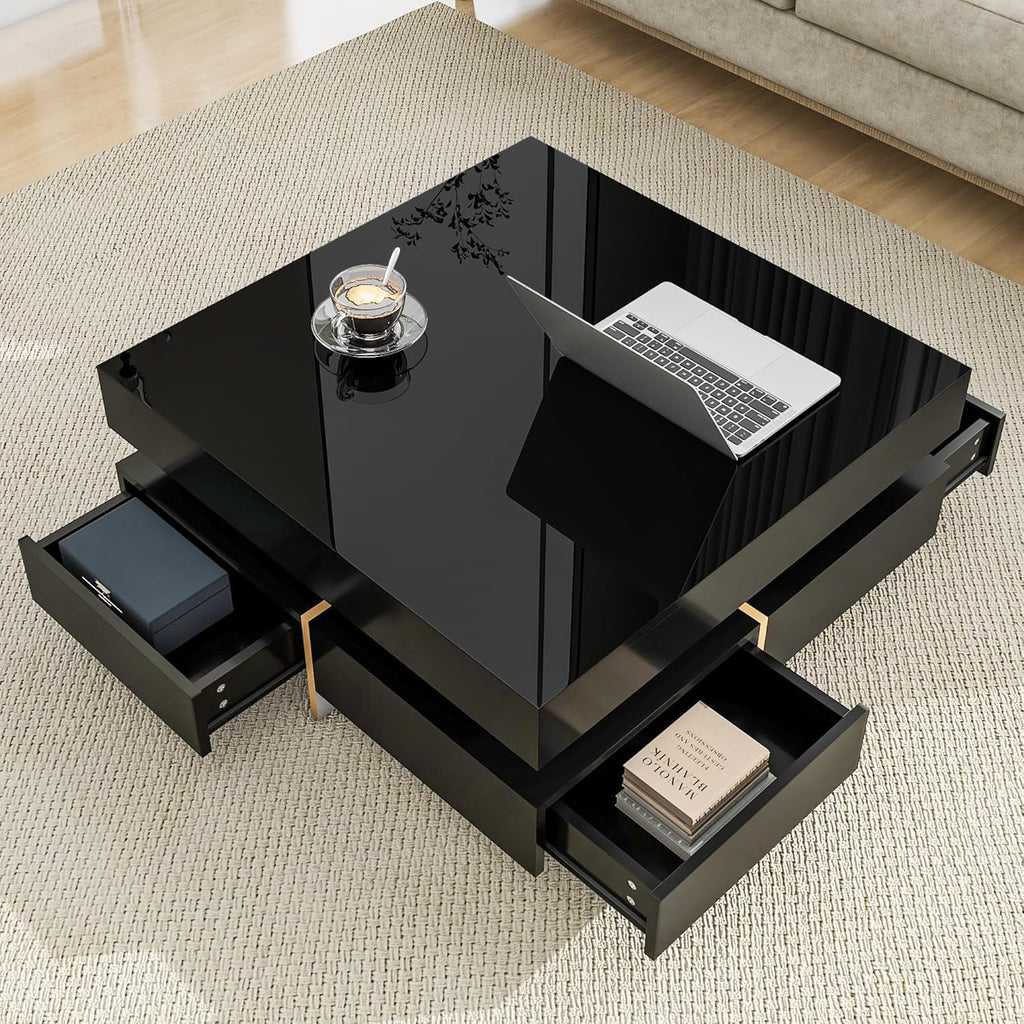 Merax Coffee Table, Modern High Gloss Coffee Table with 4 Drawers, Multi-Storage Square Center Cocktail Table with Wood Grain Legs for Living Room, 31.5"x 31.5" (Black)