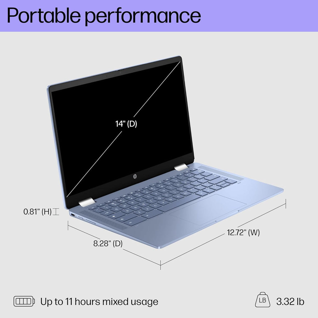 HP Chromebook x360 14b 2-in-1 Touchscreen Laptop (14" HD, 4GB RAM, Intel N200, 192GB Storage (128GB SSD+64GB SD Card)) for Home, Students, HD Webcam, Wi-Fi 6, Long Battery Life, Chrome OS, Sky Blue