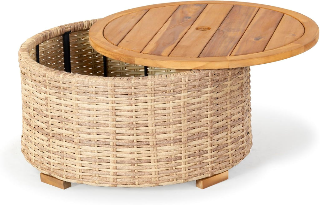 SAFAVIEH Couture Outdoor - Anguilla Round Wicker Coffee Table - Solid Wood and Aluminum - Coastal Woven Design - Ideal for Patio, Deck, Porch, Backyard, 25.6"W x 25.6"D x 13.8"H (CPT2103A)