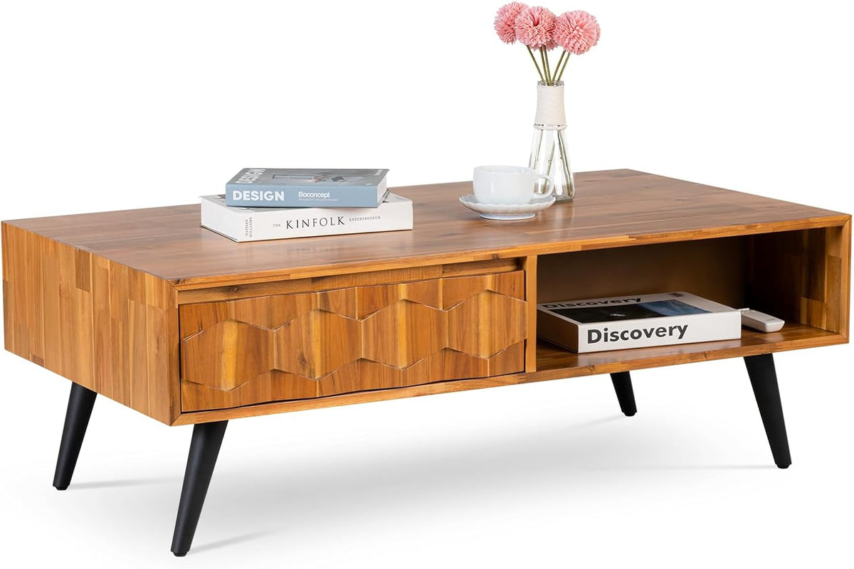 Bme Georgina Solid Wood Coffee Table, 2 Drawers & Open Shelves, Mid Century Modern Center Table, 110 cm, Teak Brown, Pre-Assembled