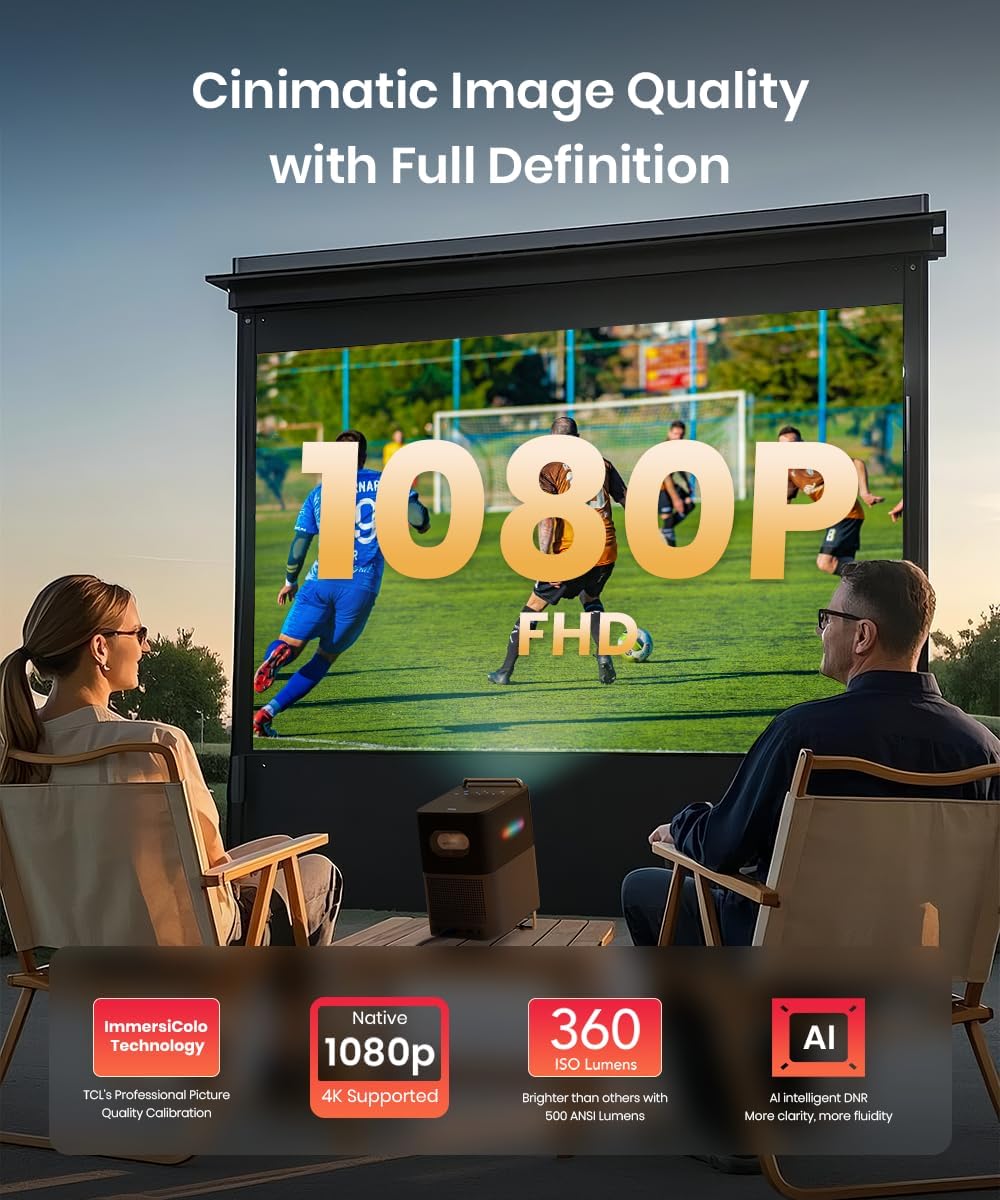 TCL A1 GTV Projector with Official Netflix Licensed, 1080P Portable Outdoor Movie Projector, 360 ISO Lumens, 4K Supported Bluetooth WiFi Projector, 120" Screen, Auto Focus, Dolby Digital, 16W Speaker