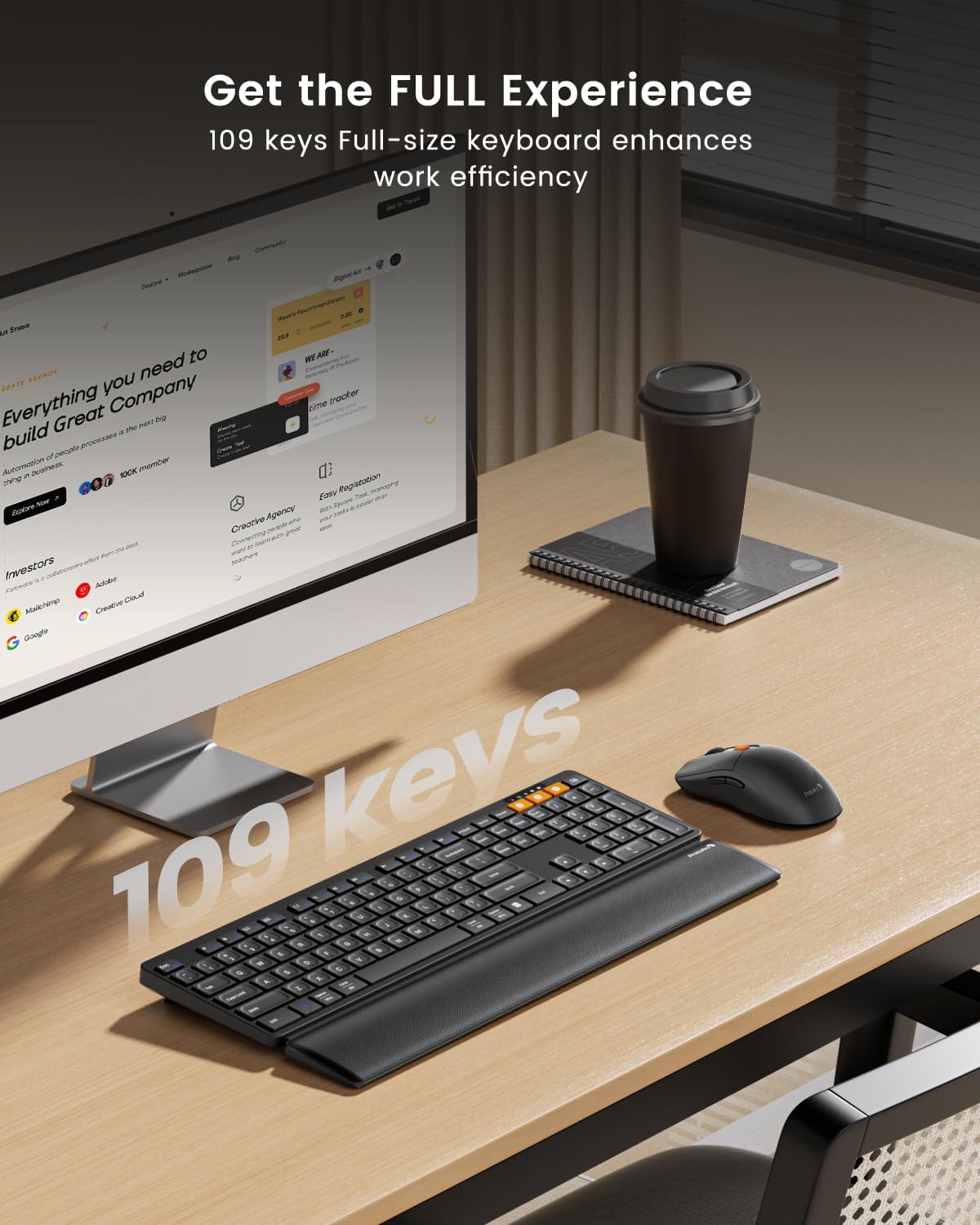 ProtoArc Wireless Bluetooth Keyboard and Mouse Combo, KM60 Multi Device Rechargeable Ergonomic Full Size Keyboard Mouse with Wrist Rest Sleek Design for Laptop, Computer, Mac, MacBook, Windows, Black
