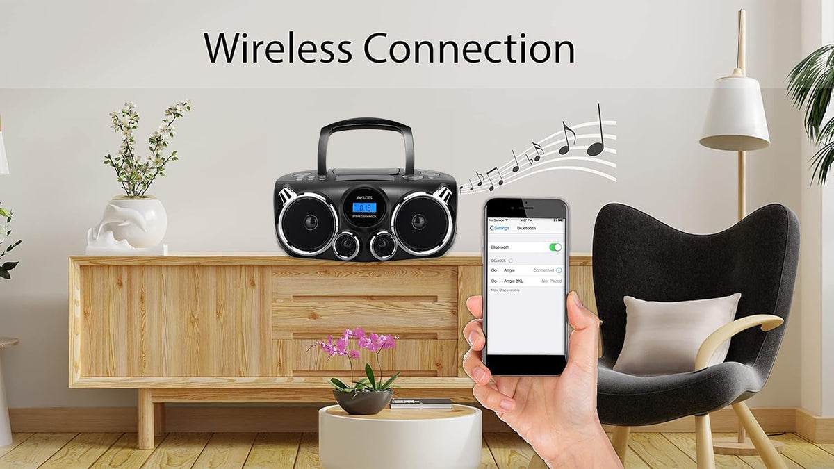 RIPTUNES Portable CD Player Bluetooth Stereo Sound, Digital AM FM Radio, MP3 CD Boombox USB SD Playback with Enhanced Bass, Aux in, Headphone Jack, CD-R/CD-RW Compatible, LCD Backlit Display, Black