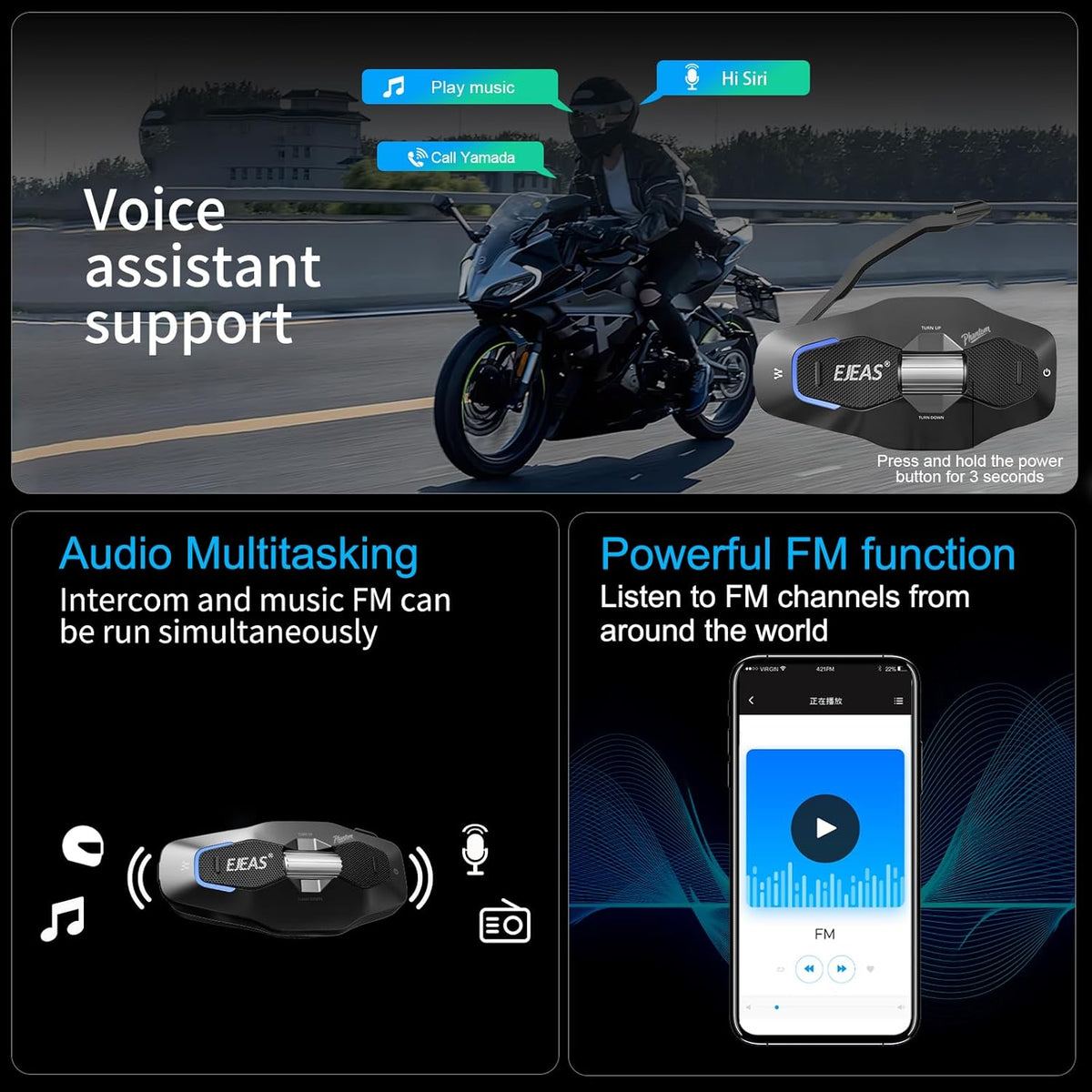 X10 Motorcycle Helmet Bluetooth Headset, 10 Riders Mesh 4.0 Motorcycle Intercom, Communication Systems with Music Share, Dual Noise Reduction, Voice Assistant, IP67, Black