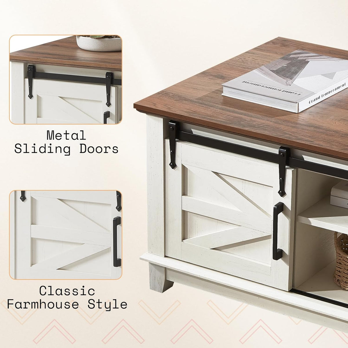 AMERLIFE Farmhouse Coffee Table with Sliding Barn Doors & Storage Cabinet for Living Room, 48" Modern Center Table, Adjustable Shelves, Rustic White