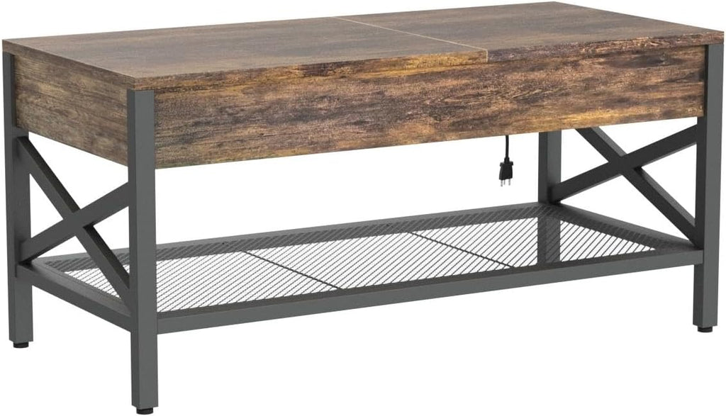 Aheaplus Coffee Table with LED Light and Power Outlet, Modern Lift-Top Center Table with Storage Shelf, for Living Room with Lift Tabletop, X Support Metal Frame, Rustic Brown