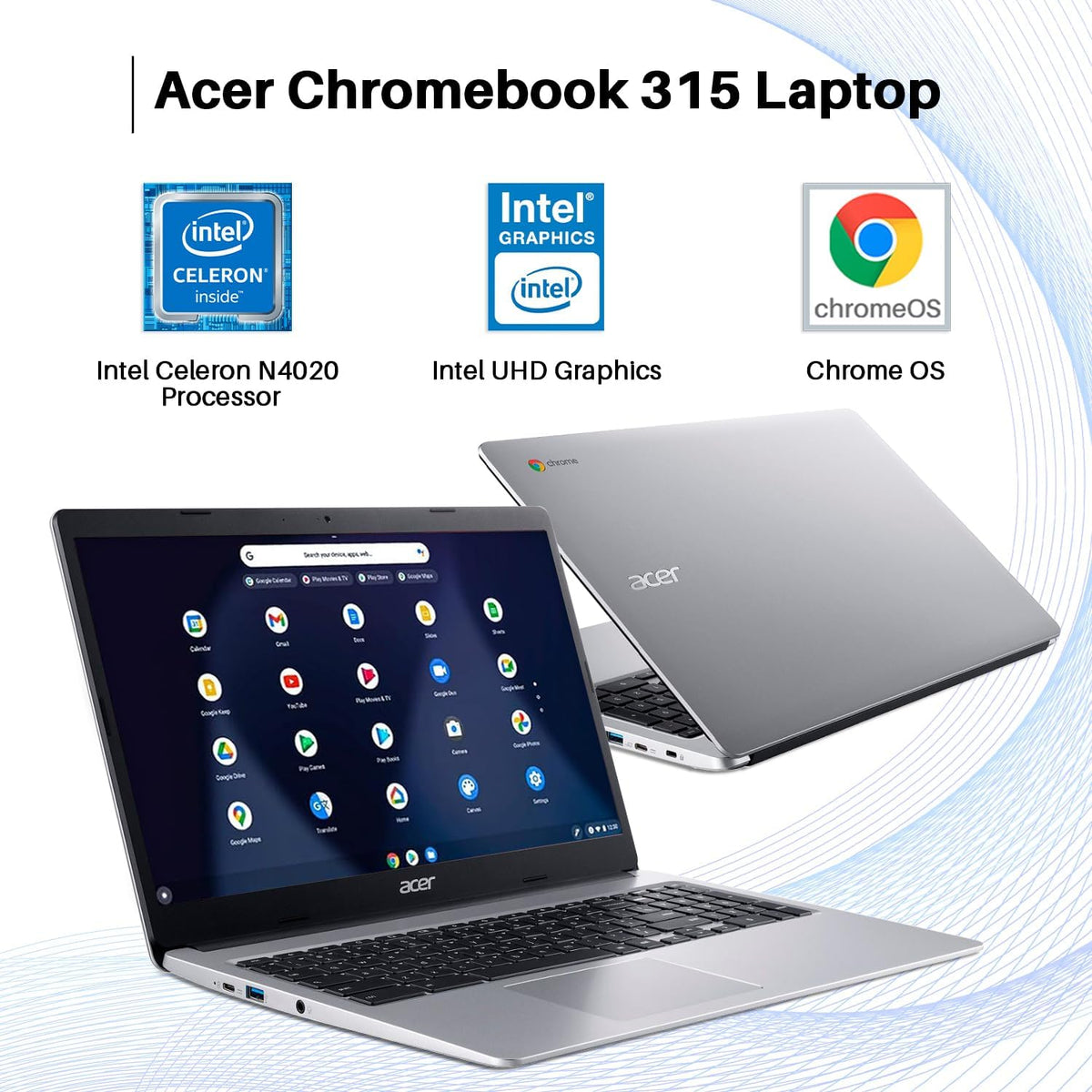acer 2024 Chromebook 315 Laptop, 15.6" HD Display, Intel Celeron N4020, 4GB RAM, 64GB eMMC, Intel UHD Graphics,Long Battery Life, WiFi, Bluetooth, Chrome OS