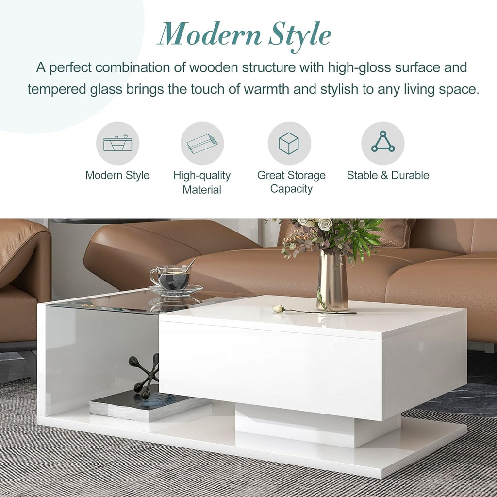Modern Coffee Table with Tempered Glass, Wooden Cocktail Table with High-Gloss UV Surface, Modernist 2-Tier Rectangle Center Table for Living Room, White