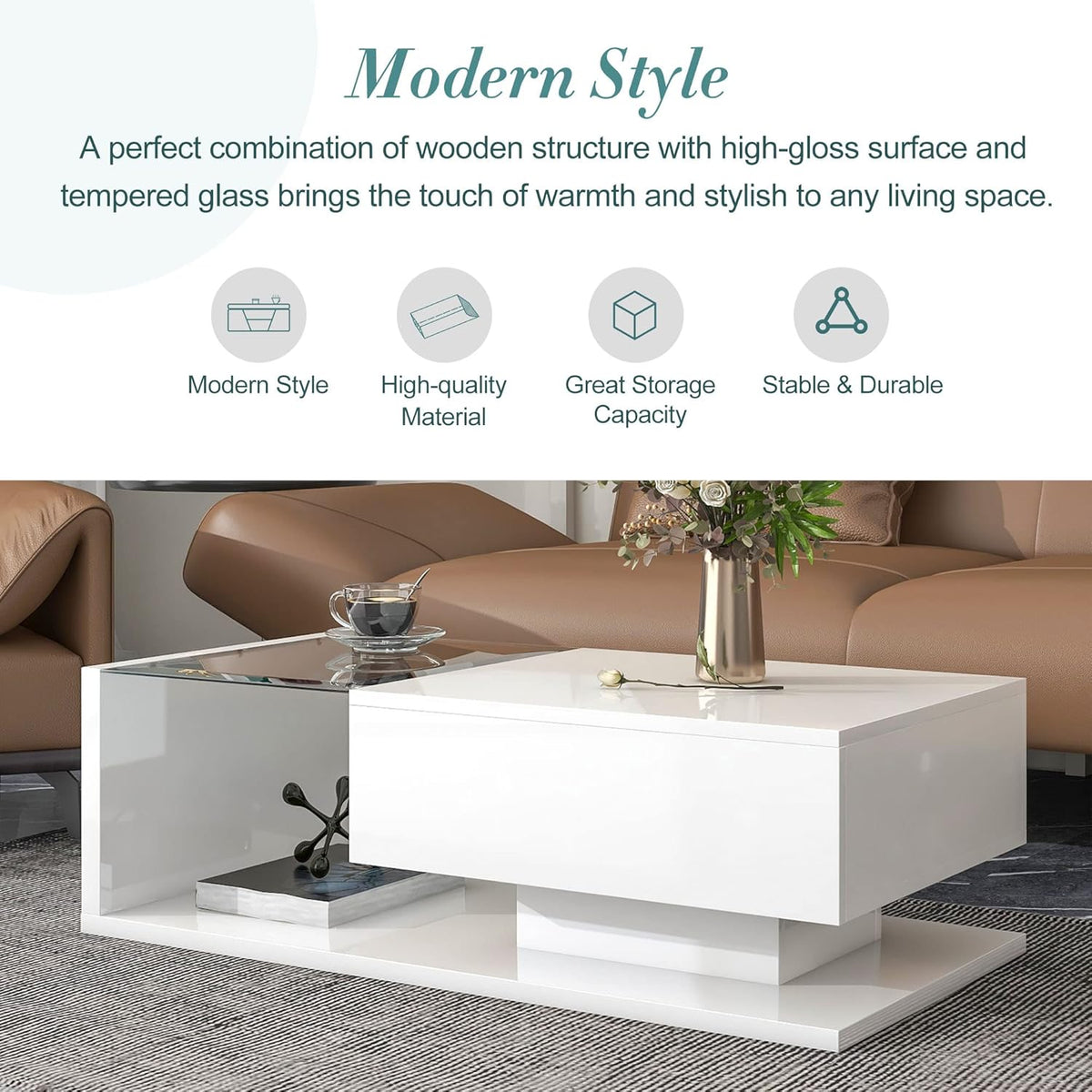 Modern Coffee Table with Tempered Glass, Wooden Cocktail Table with High-Gloss UV Surface, Modernist 2-Tier Rectangle Center Table for Living Room, White
